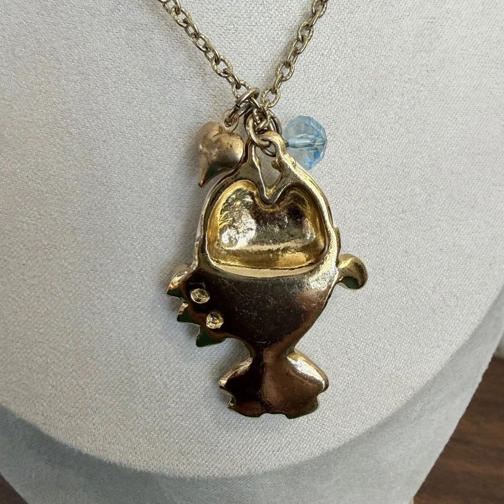 Vintage Betsey Johnson Sea Excursion Fish Necklace Blue Lucite Rhinestone Gold
